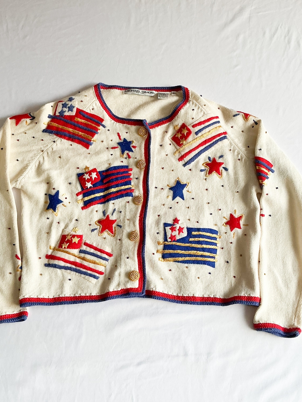 Michael Simon Vintage 1994 Womens American Flag White Maximalist Sweater Size 2